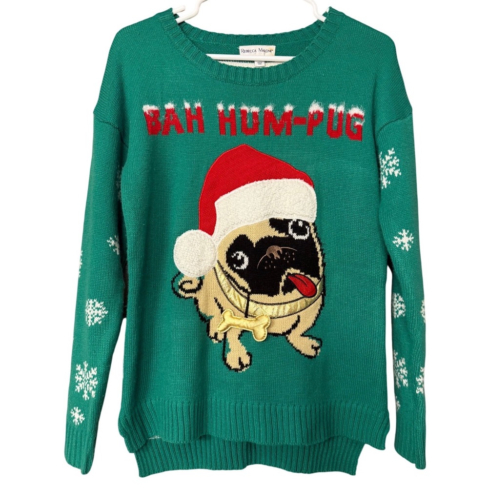 Rebecca Malone Womens Bah Hum-Pug Green Ugly Christmas Sweater Small‎ Snowflake